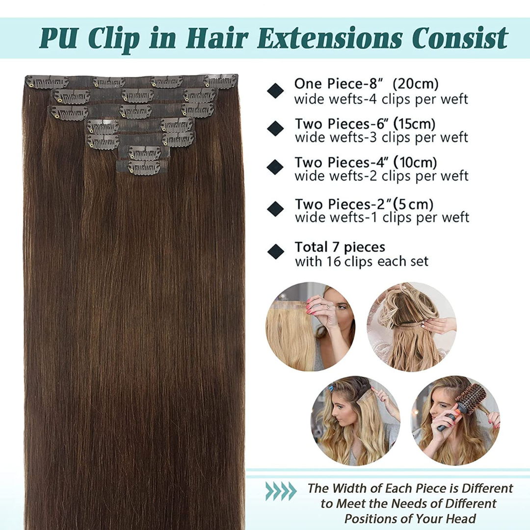 Color #2- STRAIGHT " PU Seamless" Clip In Extensions
